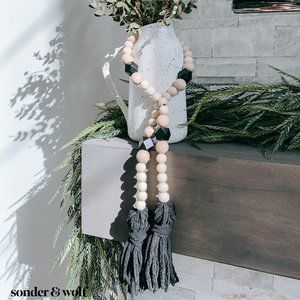 Wood Bead w/ Black Hexagon Garland & Black Tassels